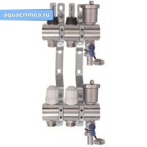 Коллекторная  группа нерж. AQUALINK 1"х2 выхода  евроконус 3/4" расходом.; сливной  кран; авт. воздухоотводчик