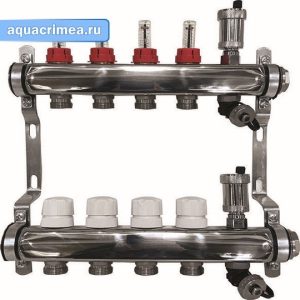 Коллекторная  группа нержавейка AQUALINK  1"х10 вых. евроконус 3/4" расходом.; сливной кран; авт. воздухоотводчик