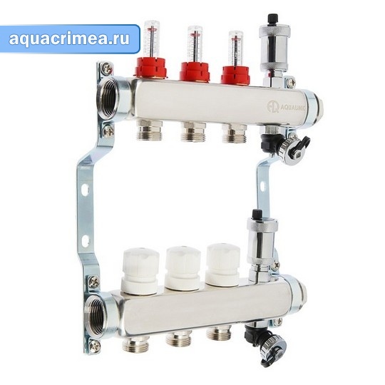Коллекторная группа нержавейка AQUALINK 1"х3 вых. евроконус 3/4" расходом.; сливной кран; авт. воздухоотводчик