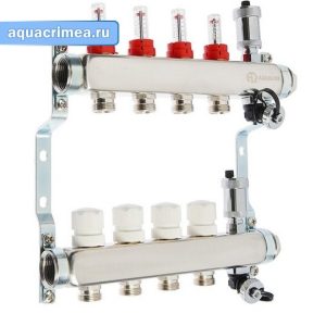 Коллекторная группа нержавейка AQUALINK 1"х4 вых. евроконус 3/4" расходом.; сливной кран; авт. воздухоотводчик