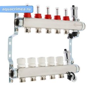 Коллекторная  группа нержавейка AQUALINK 1"х5 вых. евроконус 3/4" расходом.; сливной кран; авт. воздухоотводчик