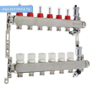 Коллекторная  группа нержавейка AQUALINK 1"х6 вых. евроконус 3/4" расходом.; сливной кран; авт. воздухоотводчик