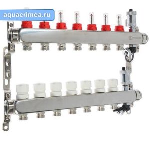 Коллекторная группа нержавейка AQUALINK  1"х7 вых. евроконус 3/4" расходом.; сливной кран; авт. воздухоотводчик